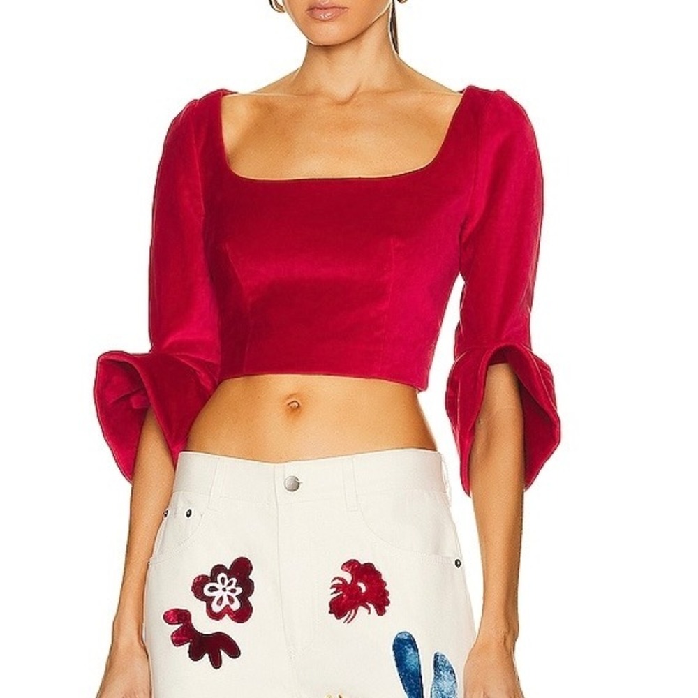Rosie Assoulin Enchante Red Velvet Crop Top Square Neck Bell Sleeve Size 6 M